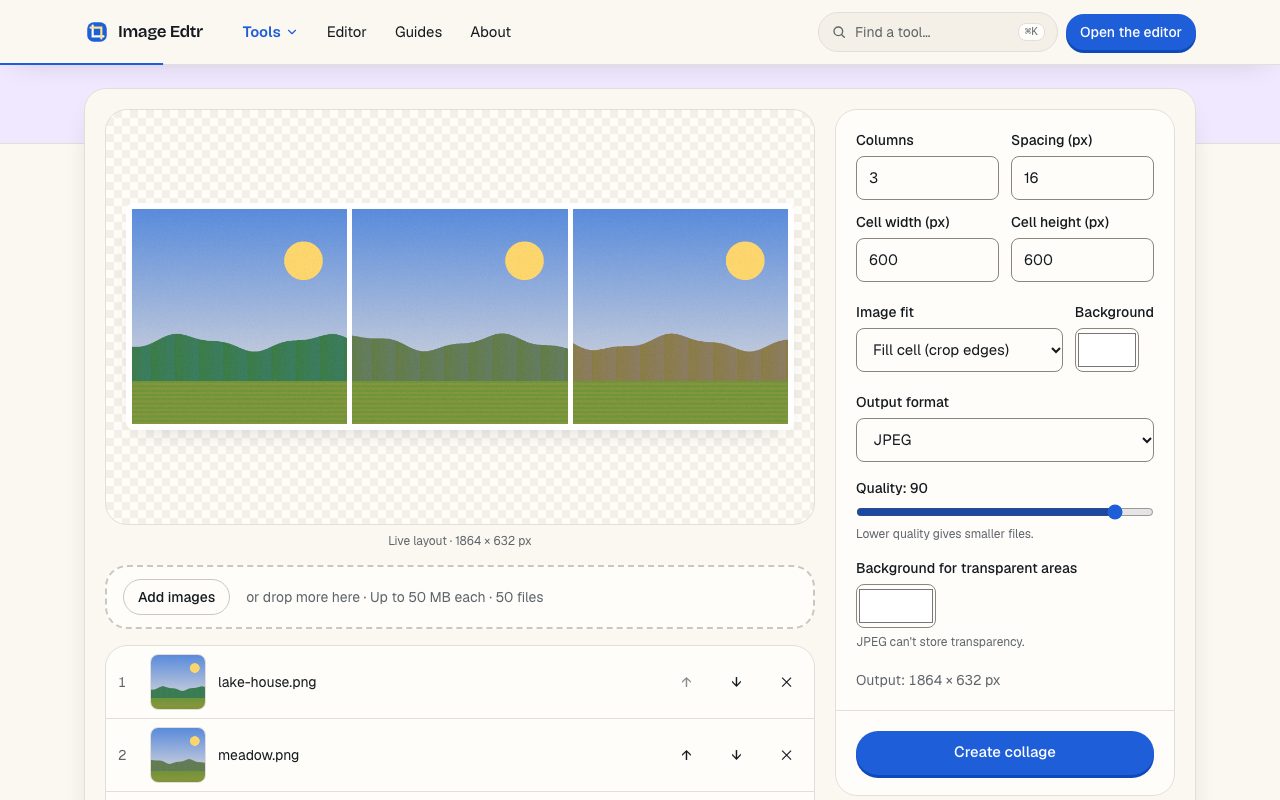 Image Edtr collage maker showing a three-column photo grid preview, a numbered list of images with reorder buttons, and settings for columns, cell size, spacing, fit, and background